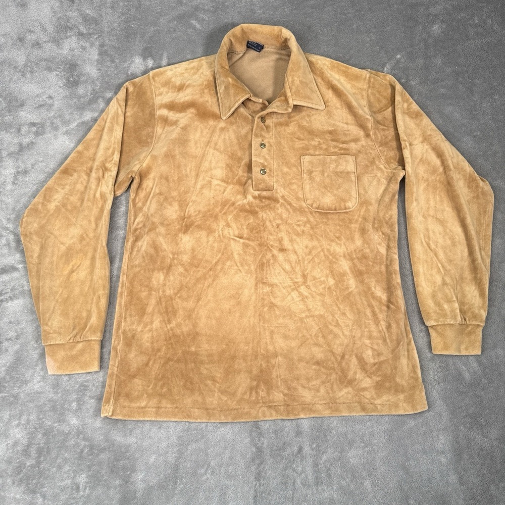 Vintage Career Club Shirt Mens Large 70s Velour Long Sleeve Collar Disco USA